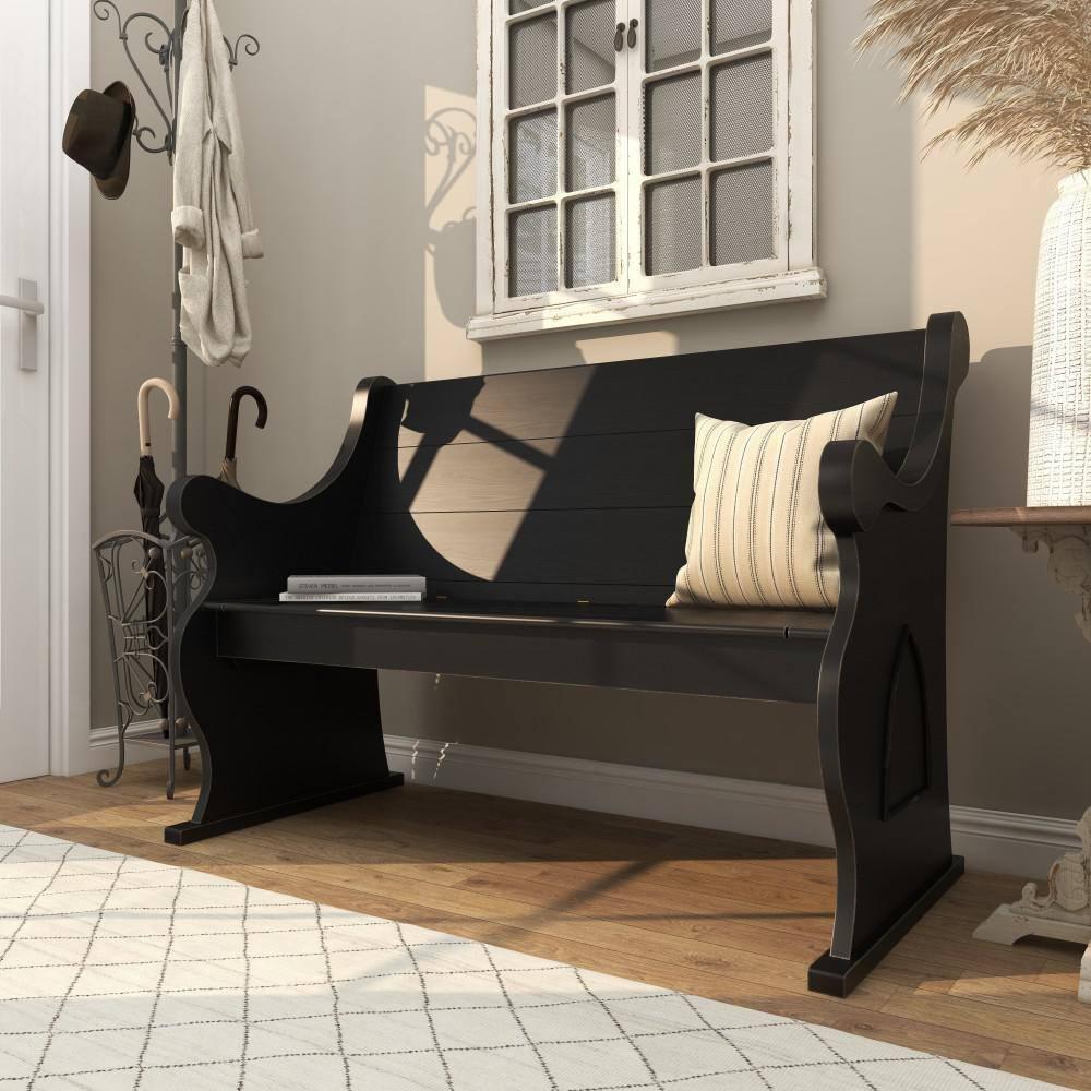 DecMode Wood Storage Bench with Scrolled Armrests, Black