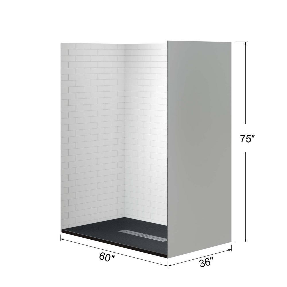 60 in. L x 36 in. W x 75 in. H 4-Pieces Alcove Shower Kit with Glue Up Shower Wall and Shower Pan in White and Black/BN