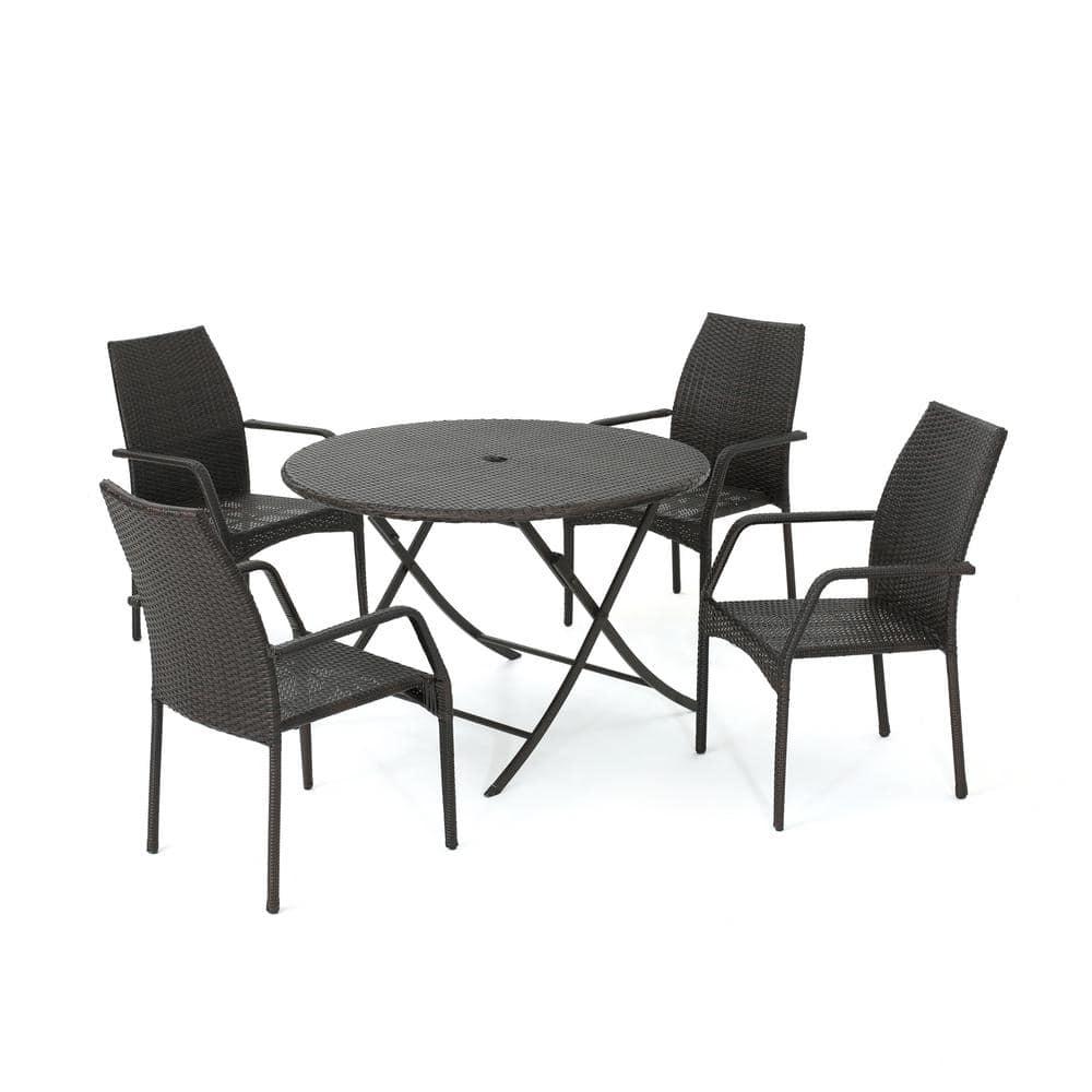 Noble House Kiera 5 Piece Wicker Foldable Patio Dining Set in Brown