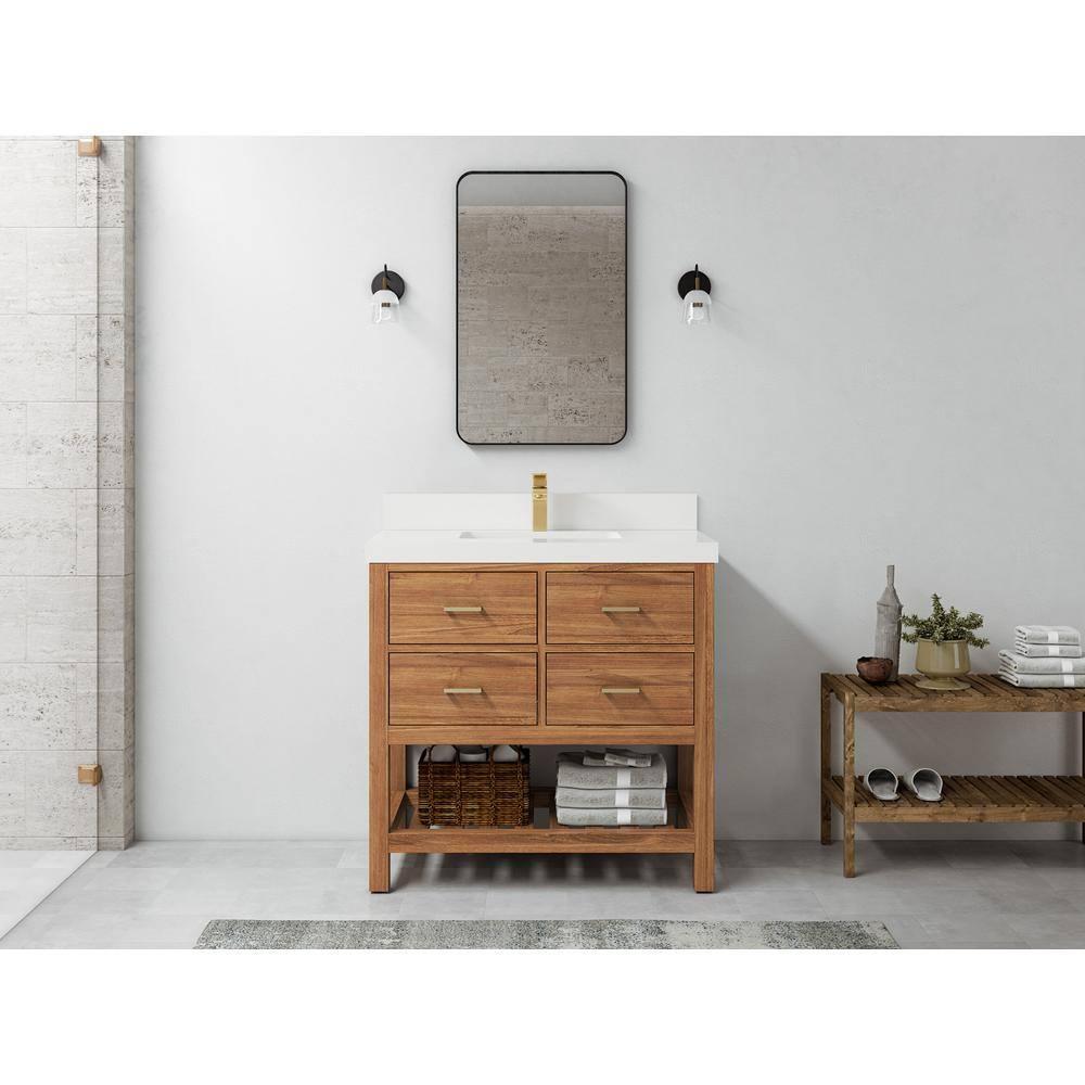 Parker Teak 36 in. W x 22 in. D x 36 in. H Single Sink Bath Vanity Center in Golden Teak with 2 in. White Qt. Top