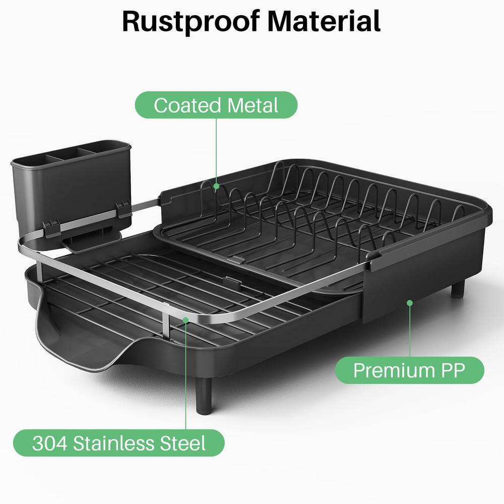 Fabhob Expandable Dish Rack for Kitchen Counter, Stainless Steel Dish Drainer with Drainboard Set and Utensil Holder