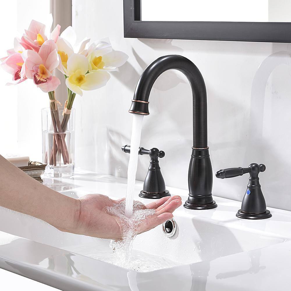 8 in. 2-Handle 3-Hole Widespread Bathroom Faucets with Valve and Metal Pop-Up Drain in Oil Rubbed Bronze
