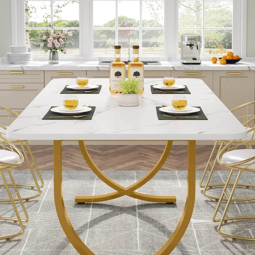 Kepooman 63" Modern Dining Table Kitchen Table with Faux Marble Table Top