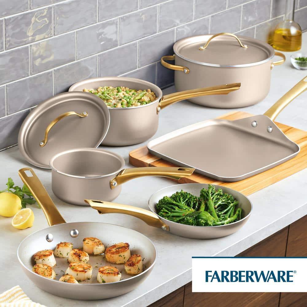 Farberware Farberware Radiant Nonstick Cookware Pots And Pans Set With Prestige Cooking Tools, 12 Piece, Champagne