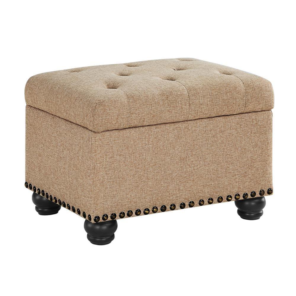 Designs4Comfort 5th Avenue Storage Ottoman in Beige Tan Fabric & Nail Head Trim