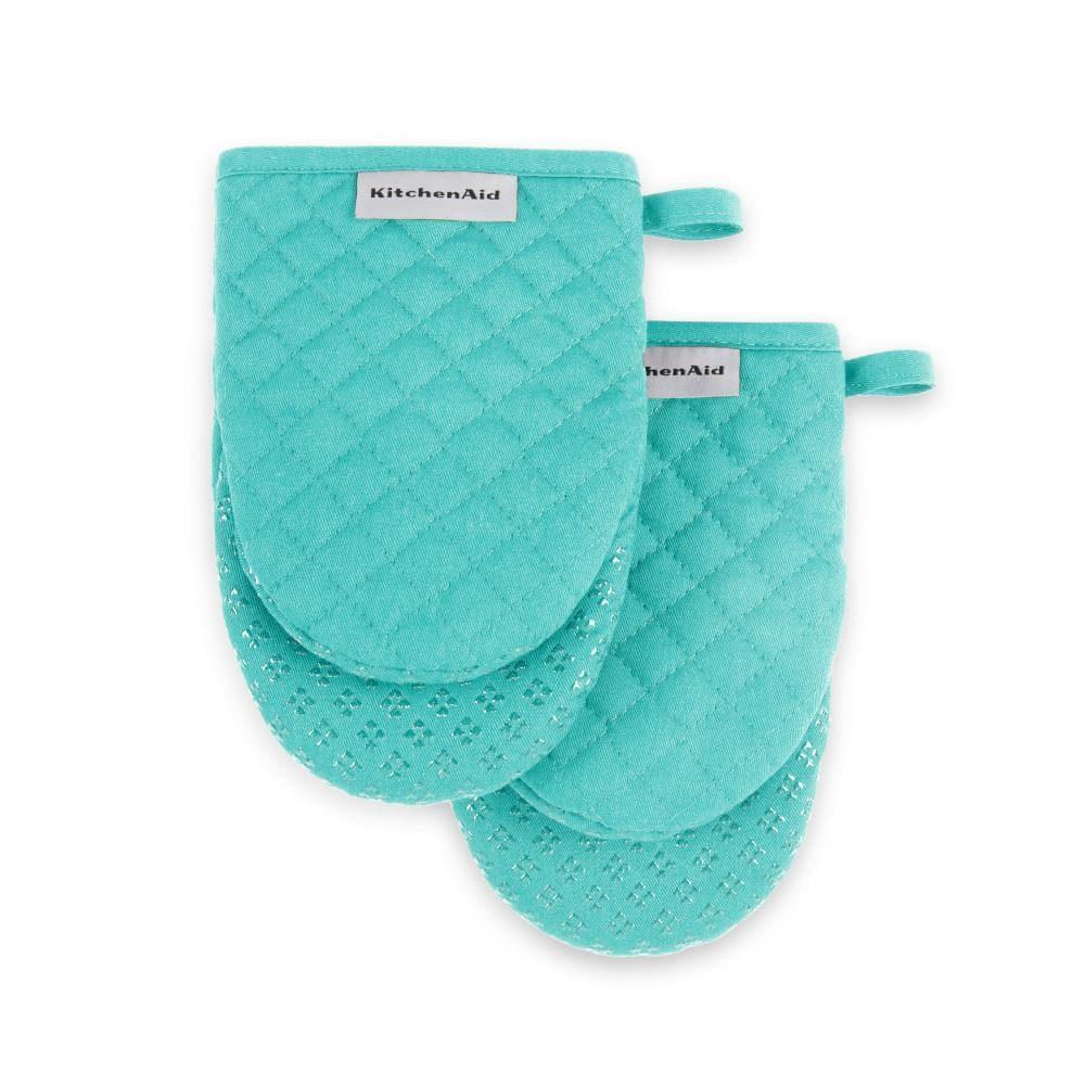 KitchenAid 2pk Cotton Asteroid Mini Oven Mitts, Light Teal: Hot Pads & Kitchen Textiles, Machine Washable, 8"x5.5"