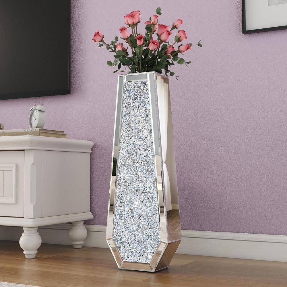 30" Tall Silver Glass Floor Vase with Crushed Diamond Mirror