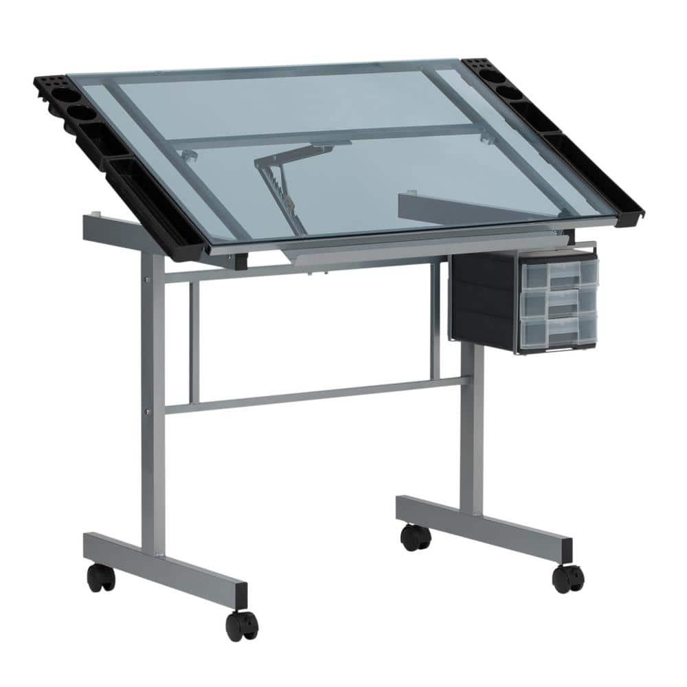Inbox Zero Craddock Adjustable Glass Top Metal Base Drafting Table