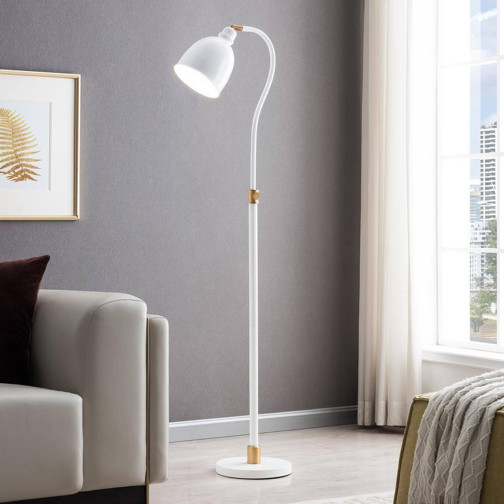 Evelyn&Zoe Vincent Adjustable/Arc Floor Lamp with Metal Shade, Matte White/Brass/Matte White
