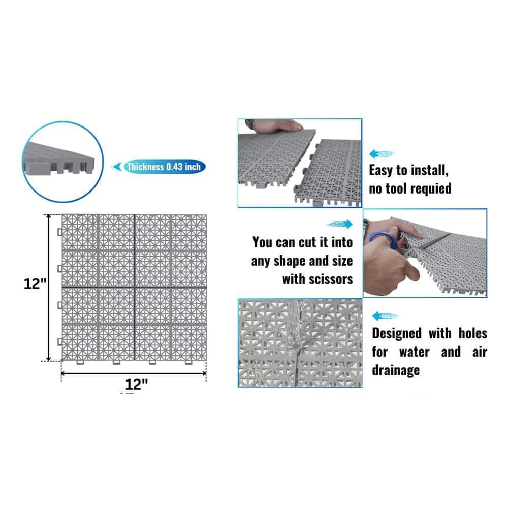 LoLado 12Pcs Plastic Interlocking Deck Tiles 12" x 12" Rosette Pattern Waterproof Outdoor All Weather Anti-slip Tiles for Bathroom Shower Balcony Porch, Gray
