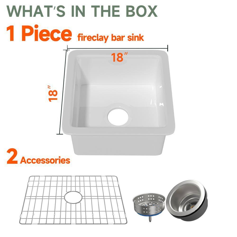 18" L x 18" W Single Bowl Fireclay Kitchen Sinks White with Bottom Grids and Basket Strainer