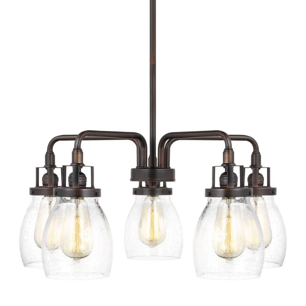 Bronze Five-Light Chandelier with Clear Seeded Glass Shades