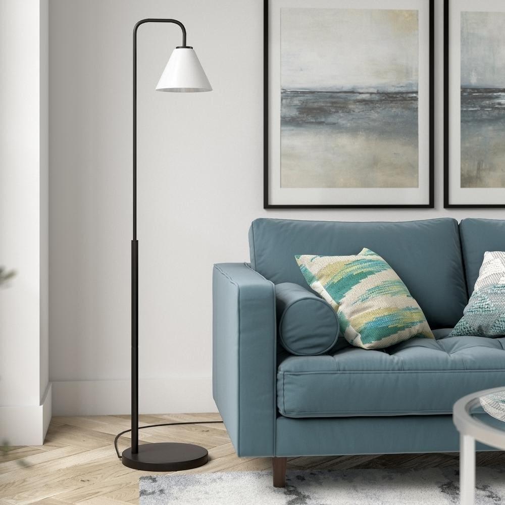 Evelyn&Zoe Henderson Arc Floor Lamp with Glass Shade, Blackened Bronze/White Milk