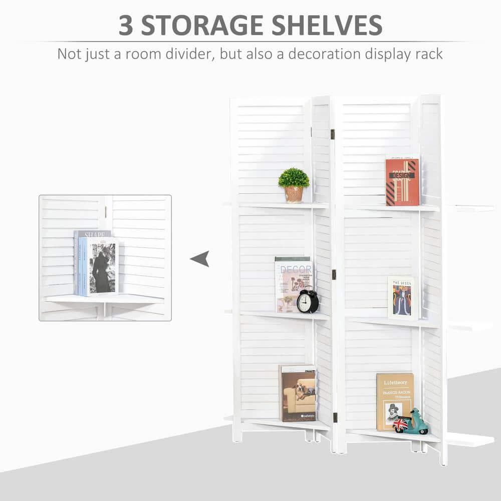 HOMCOM 4 Panel 67" Tall Wood Privacy Screen Room Divider with 3 Display Shelves, and Folding Storage for Bedroom or Home Office, White