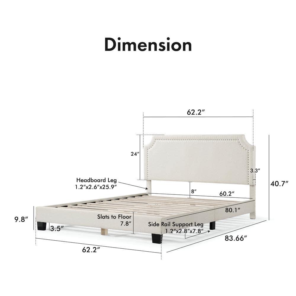 24/7 Shop At Home Queen Heartwild Modern Boucle Upholstered Nailhead Trim Platform Bed White: Polyester, Wood Frame, No Box Spring Needed