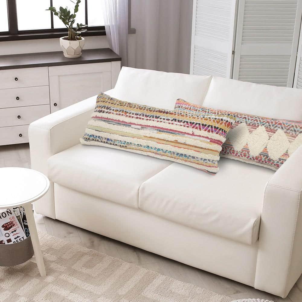 ZeaZu 14" X 36" Off-White Red Blue Orange And Green 100% Cotton Striped Zippered Pillow