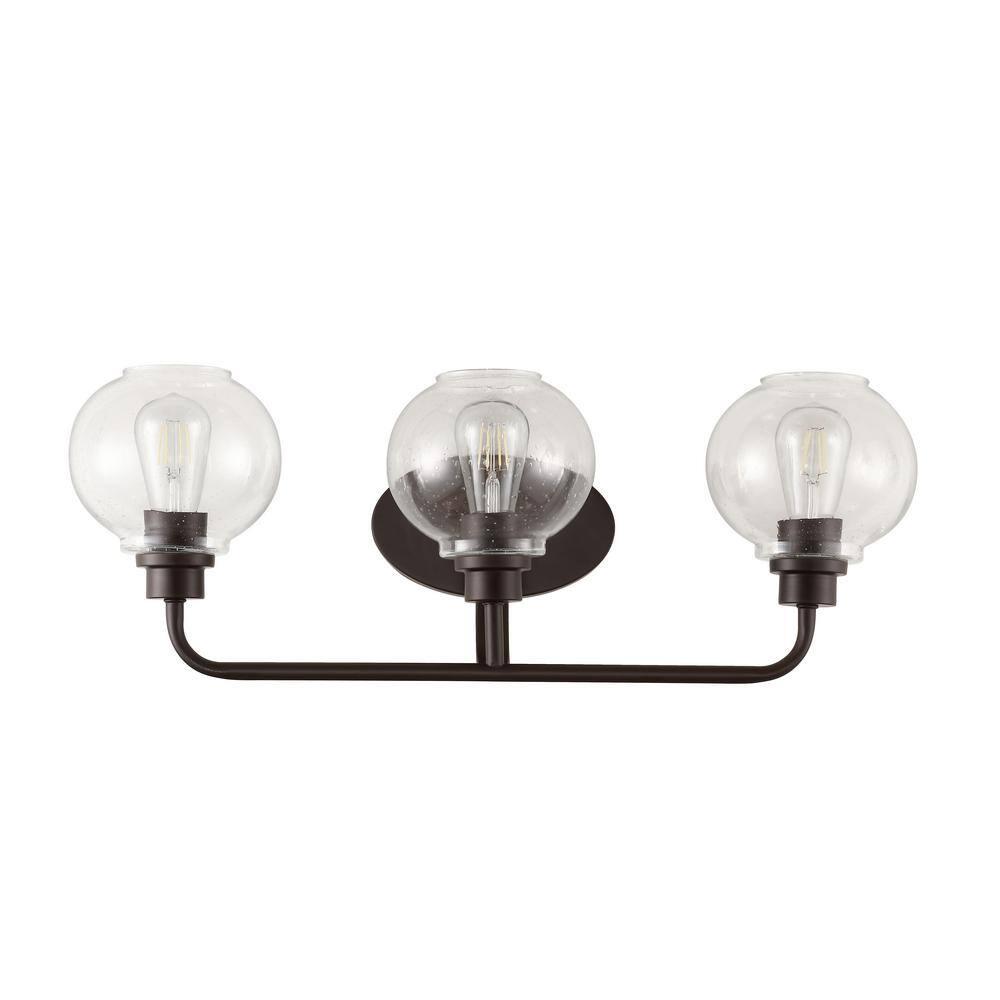 JONATHAN Y Sandrine 26.25" 3-Light Iron/Seeded Glass Cottage Rustic LED Vanity Light, Oil Rubbed Bronze