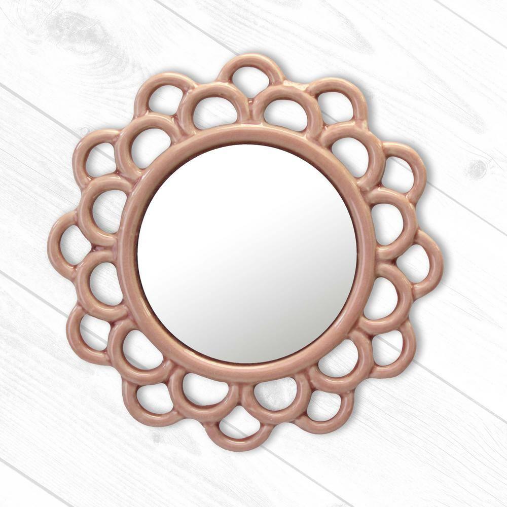 9" Decorative Round Floral Ceramic Wall Hanging Mirror Pink - Stonebriar Collection: Elegant Scalloped Edge, Keyhole Hanger