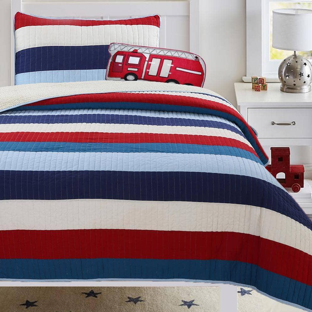 Cozy Line Home Fashions Cozy Line Ressler Stripe Reversible Cotton Quilt Bedding Set - Blue/Ivory/Red Twin 2 Piece