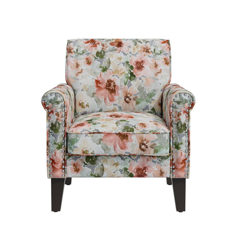 Handy Living Janet Traditional Rolled Accent Armchair with Pewter Nailheads Floral Pattern Orange/Green