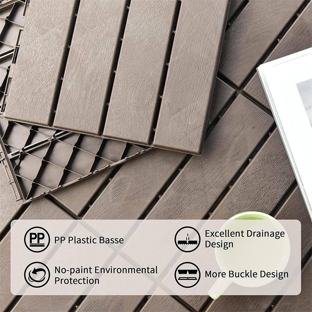 Patio Interlocking Deck Tiles, 12"X12" Square Composite Decking Tiles, Four Slat Plastic Outdoor Flooring Tile All Weather For Balcony Porch Backyard, (Dark Brown, Pack Of 44)