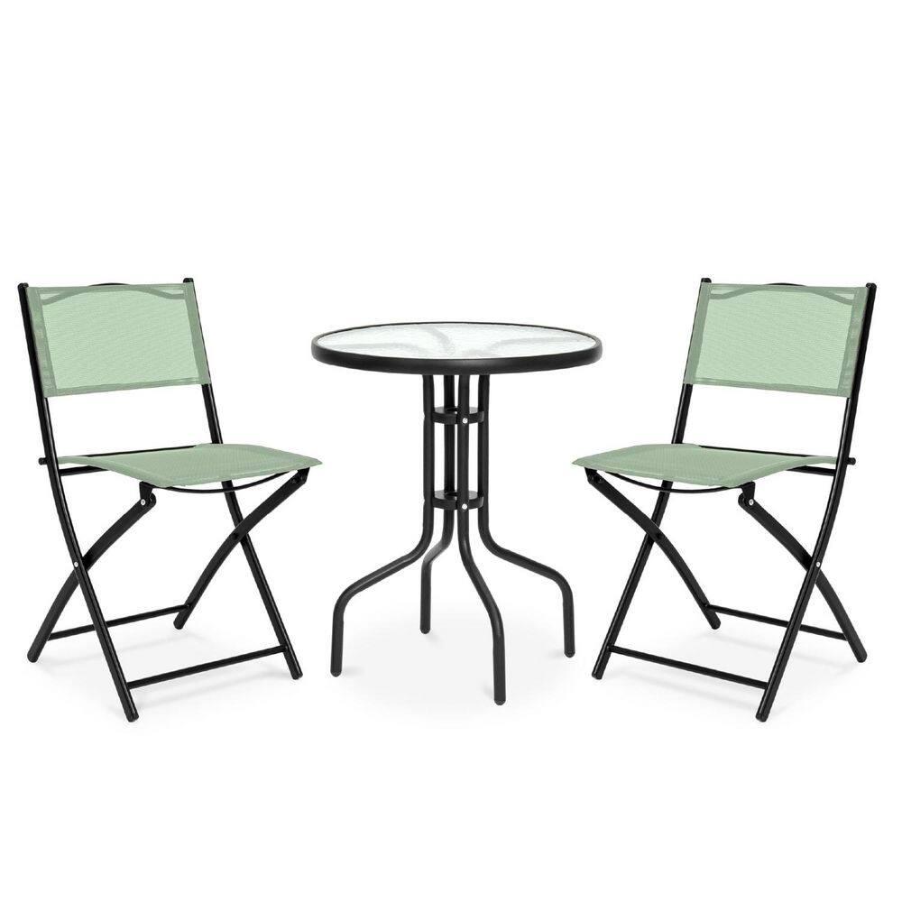 George Oliver 3-Piece Patio Bistro Dining Furniture Set W/ Glass Tabletop, Folding Chairs