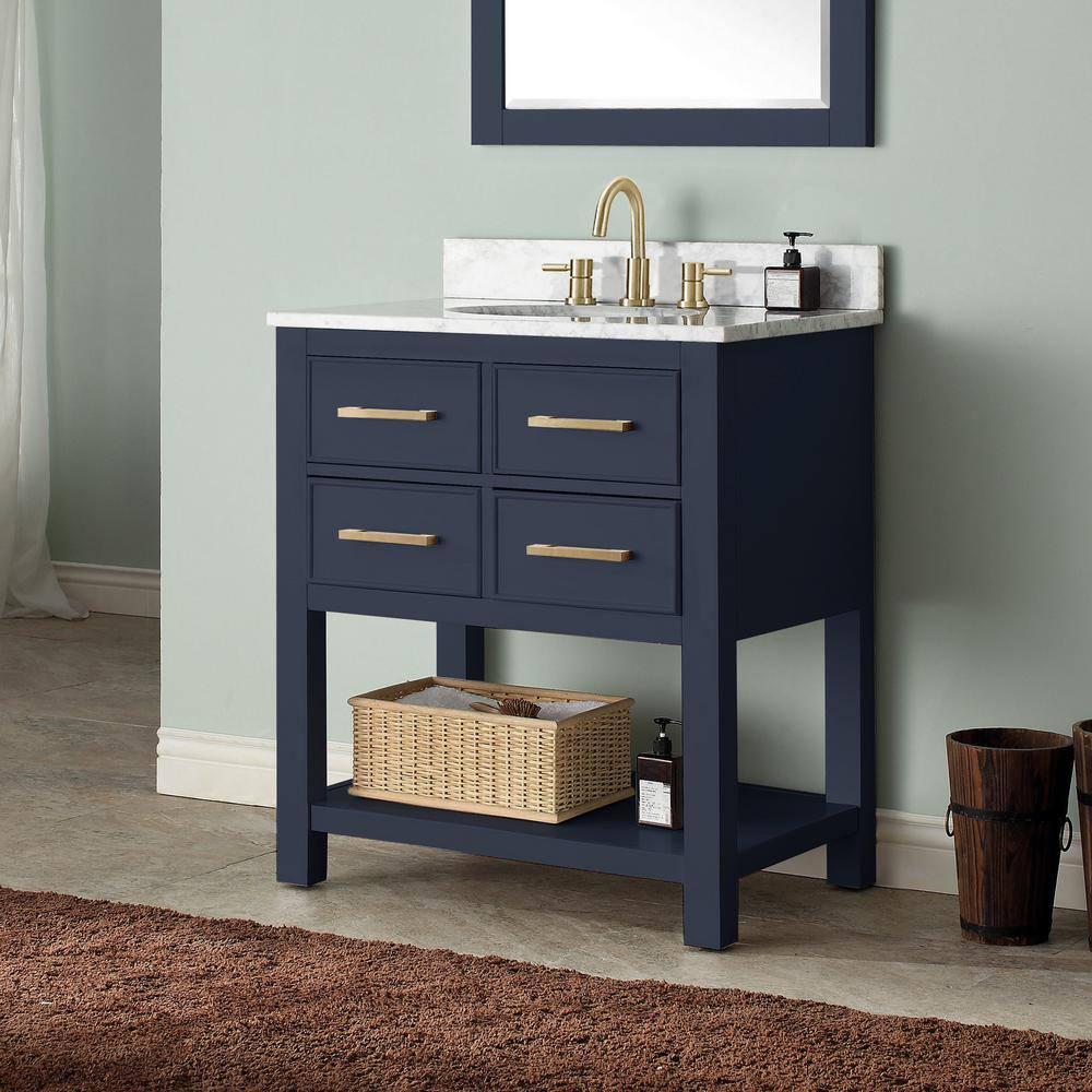 Navy Blue Solid Wood 30" Vanity with Stone Top