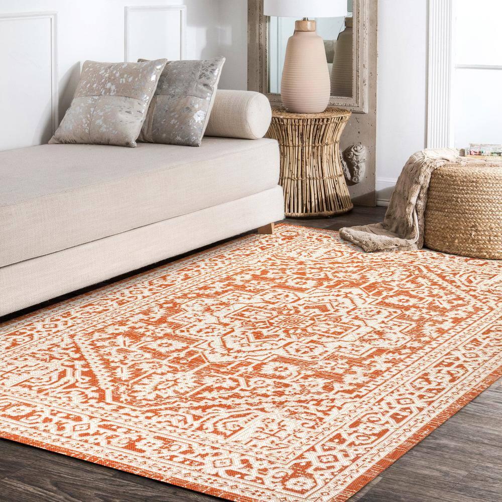 9' x 12' Sinjuri Medallion Textured Weave Indoor/Outdoor Area Rug, Orange/Cream - JONATHAN Y