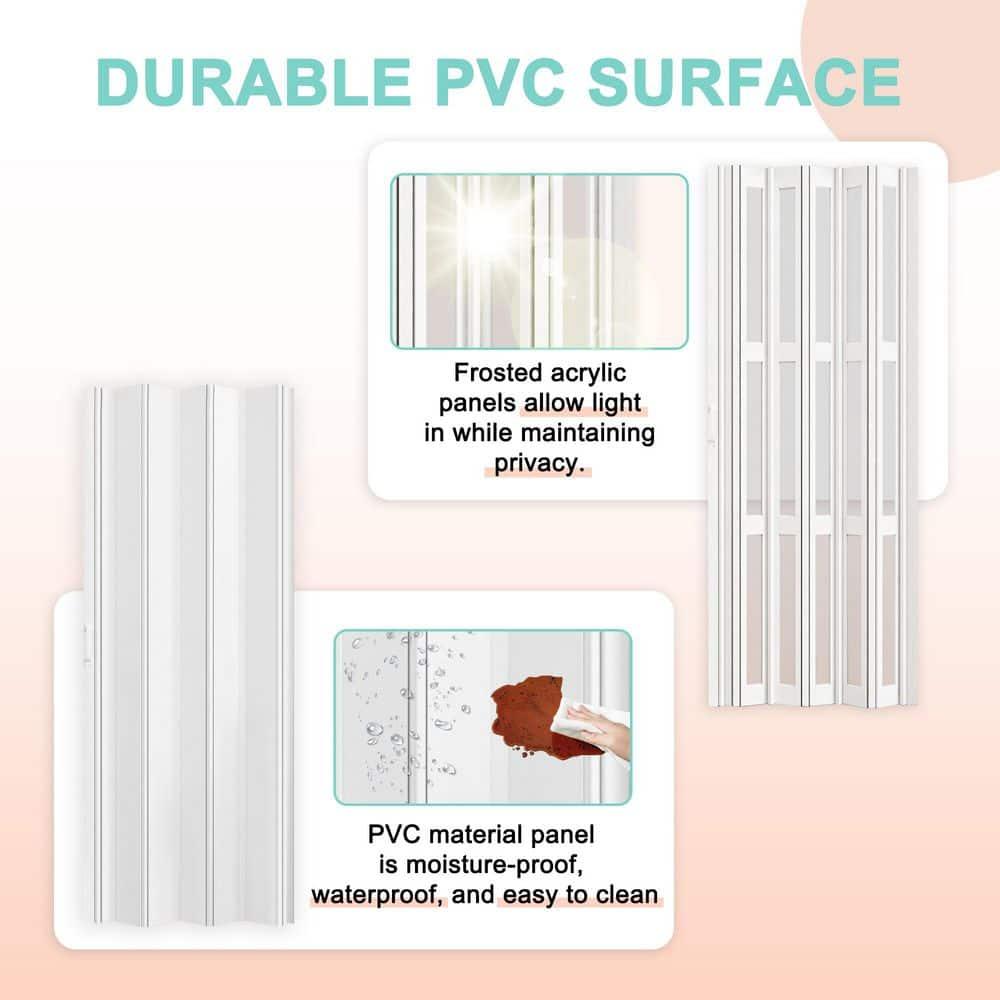 Upgrade Dual Layer Vinyl Accordion Door with Handles and Magnetic Door Lock, 4-Lite Frosted Acrylic Glass, White