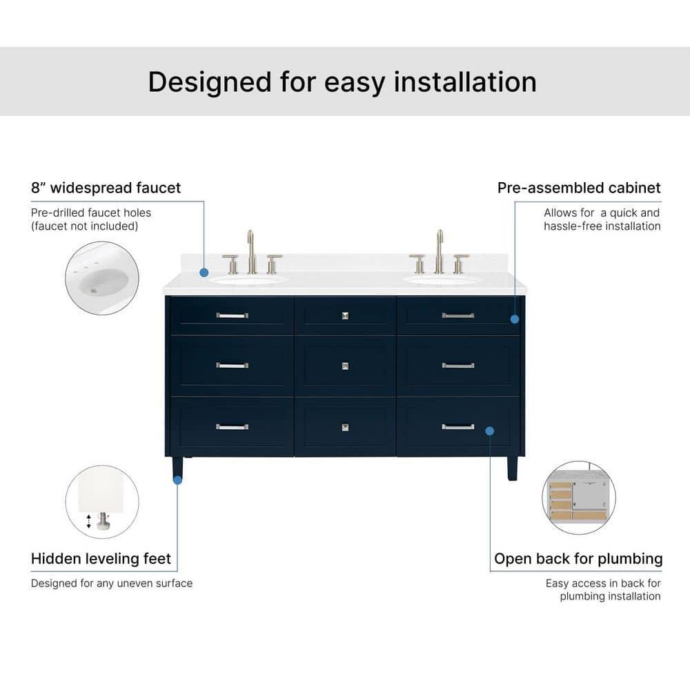 Ariel Monrow 66 Inch Double Oval Sink Bathroom Vanity With Carrara White Quartz Countertop