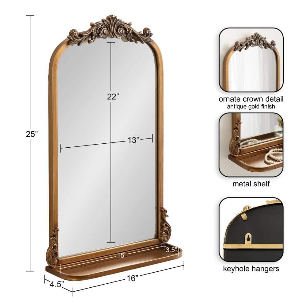 Kate & Laurel All Things Decor 16"x25" Arendahl Traditional Arch Mirror with Shelf: Baroque Design, Resin Garland