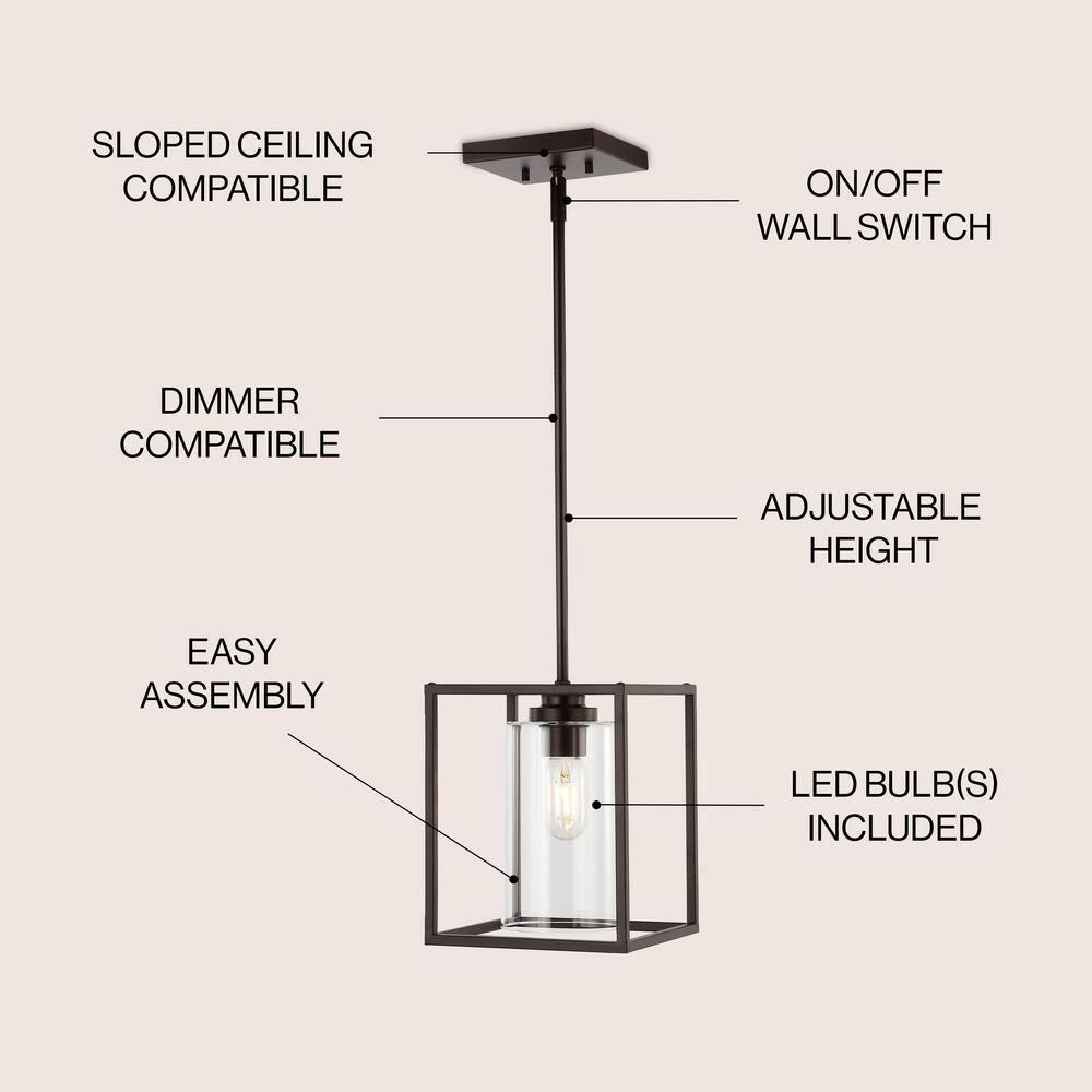Quinn 8.13" 1-Light Industrial Farmhouse Iron/Glass LED Pendant, Oil Rubbed Bronze