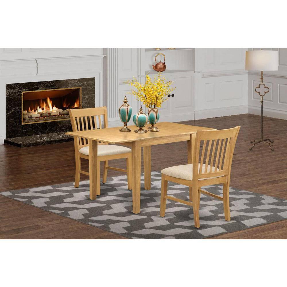 East West Furniture Norden 3-piece Wood Dining Set with Linen Fabric Seat in Oak