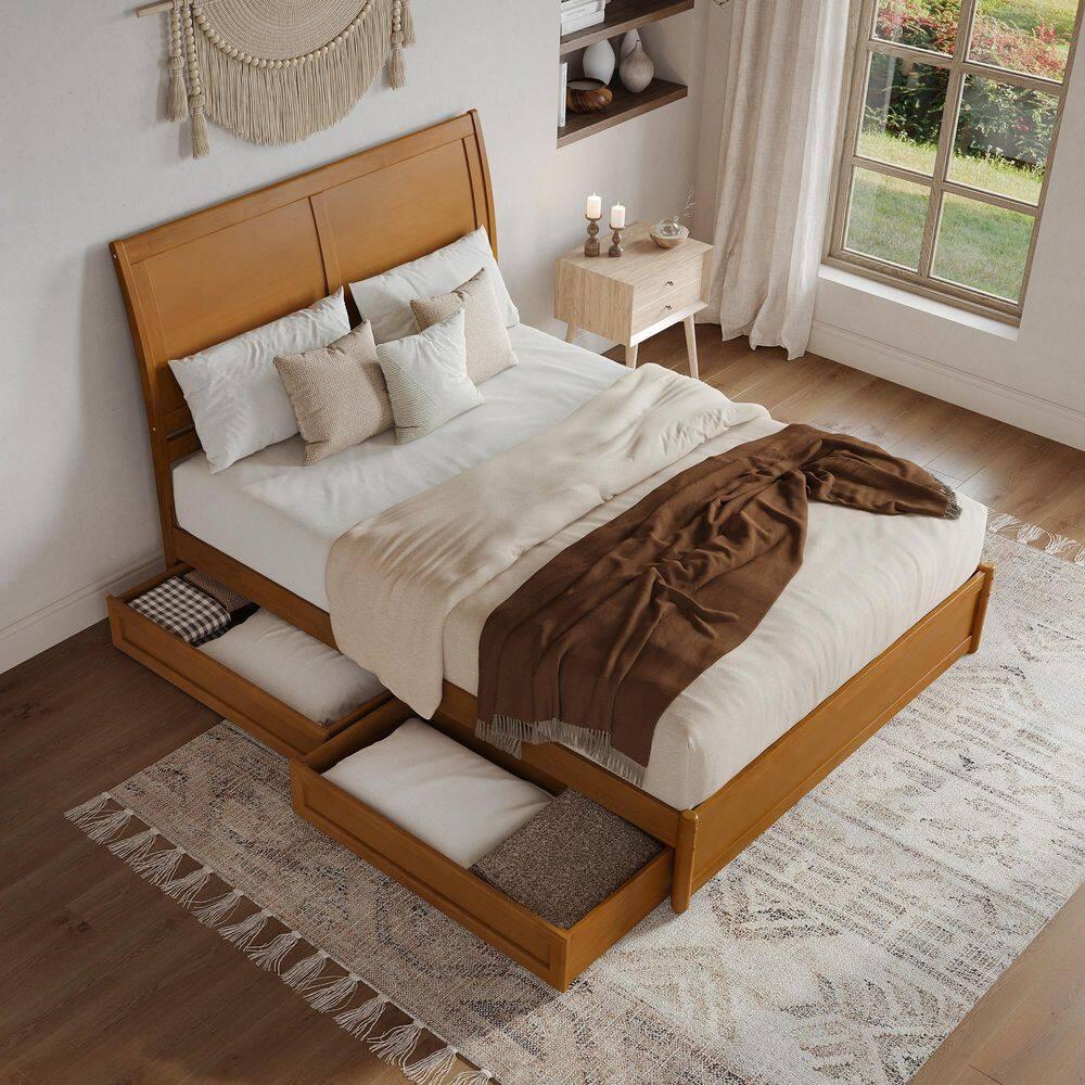 AFI, Andorra Queen Platform Bed with Panel Footboard and Storage Drawers, Light Toffee