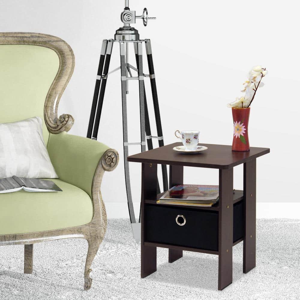 Furinno Andrey Engineered Wood End Table with Bin Drawer in Dark Brown/Black