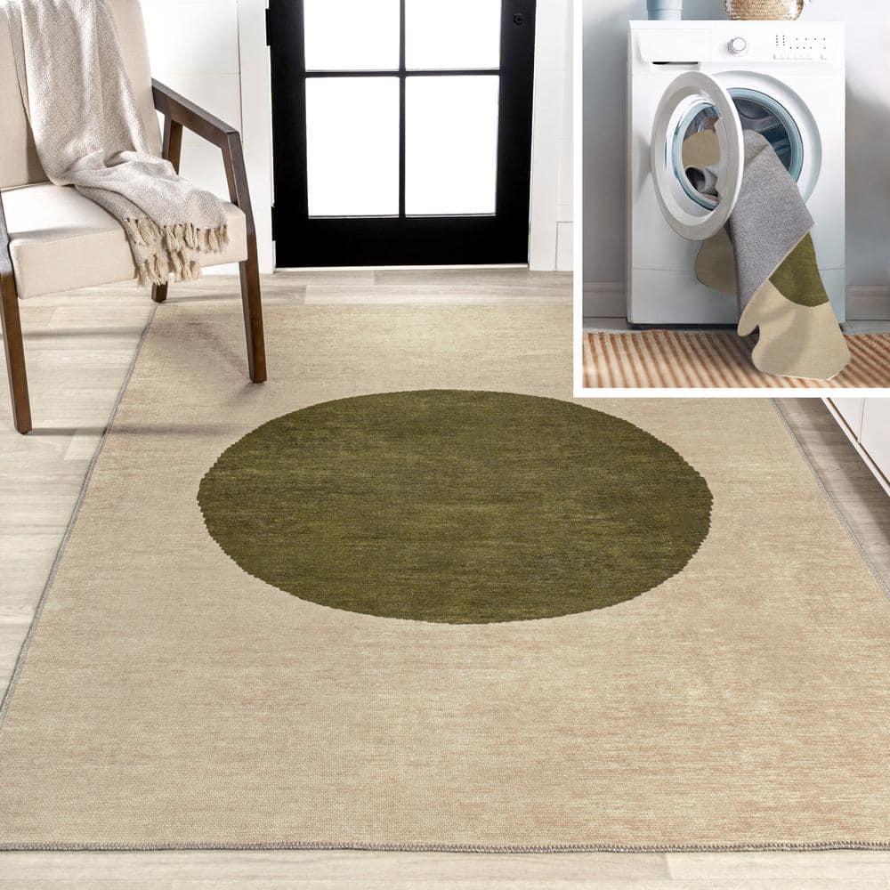 4' x 6' Cirkel Minimalist Geometric Dot Machine-Washable Area Rug, Cream/Olive - JONATHAN Y