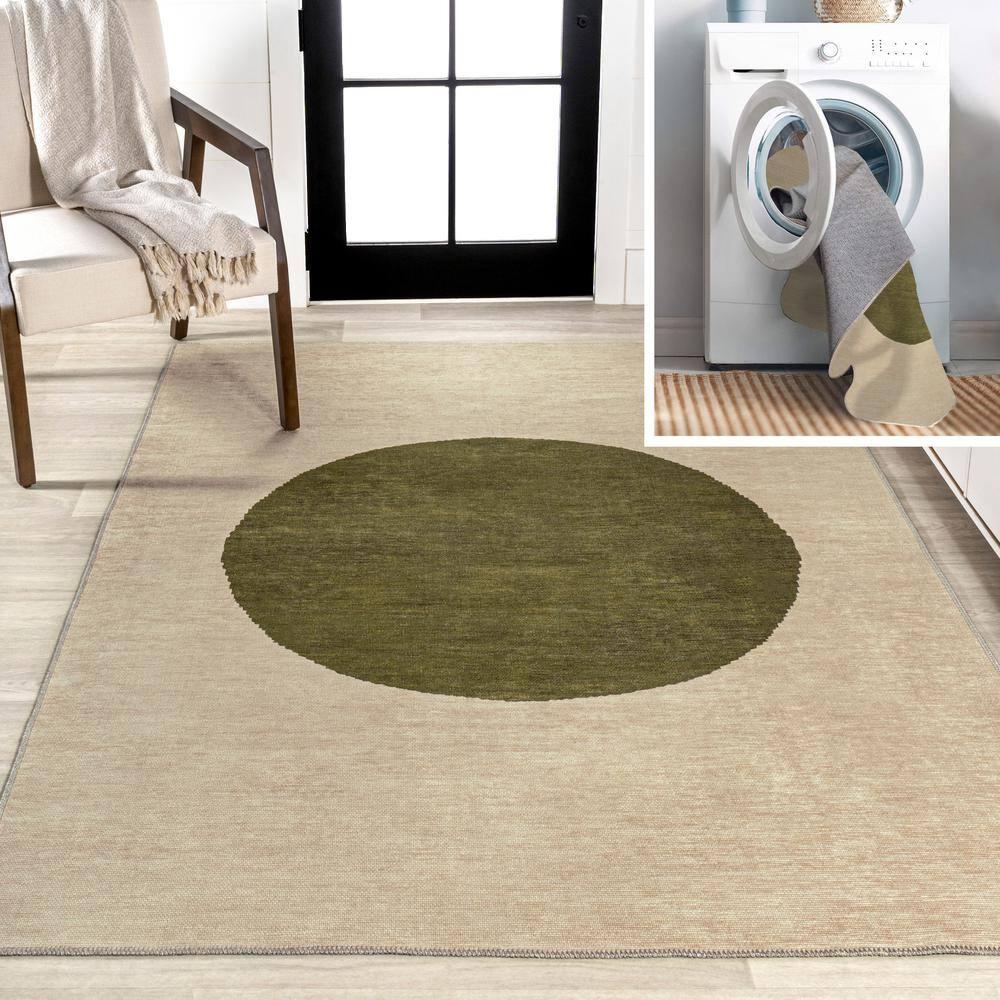 5' x 8' Cirkel Minimalist Geometric Dot Machine-Washable Area Rug, Cream/Olive - JONATHAN Y