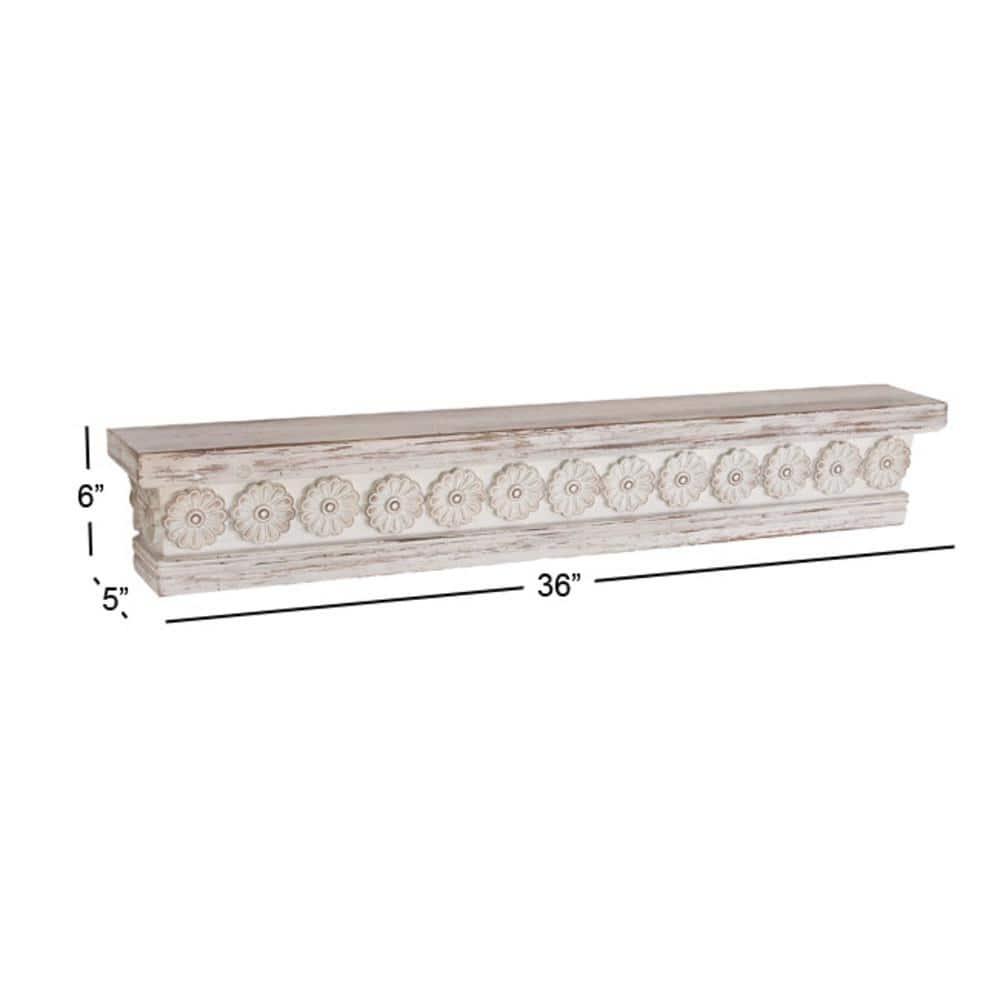 DecMode 36" x 5" Intricate Carved 1-Tier White Floral Wall Shelf