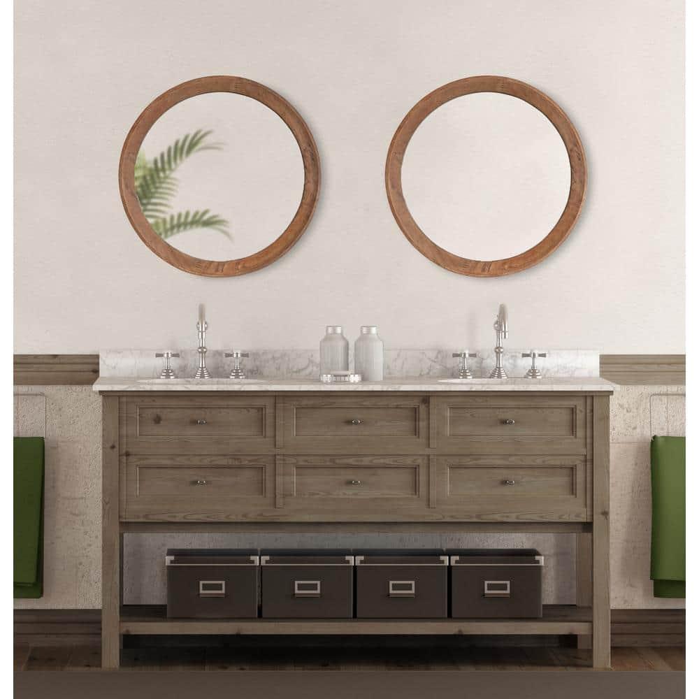 Kate and Laurel Hartman Transitional Round Wood Framed Wall Mirror, 24" Diameter, Brown, Boho Chic Round Mirror for Wall