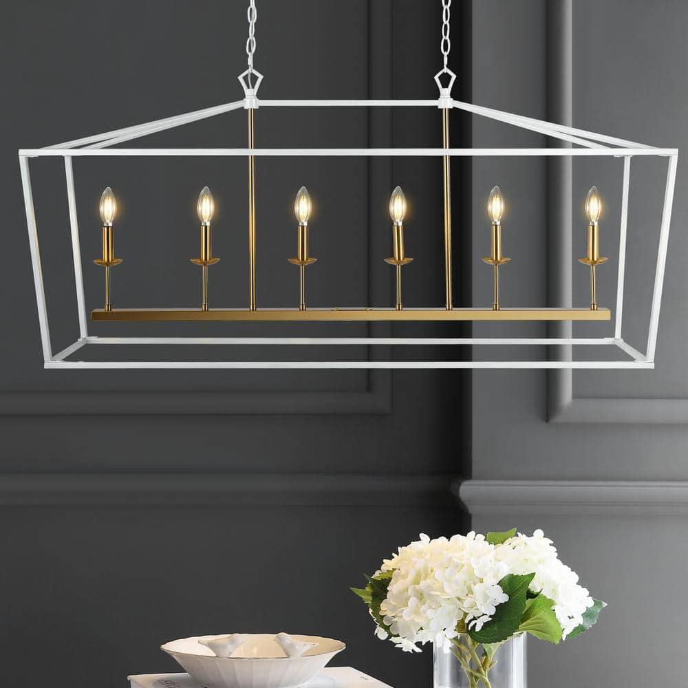 JONATHAN  Y Pagoda 49" Metal Linear Classic Traditional 6 -Light White Farmhouse Lantern Large Hanging Kitchen island light