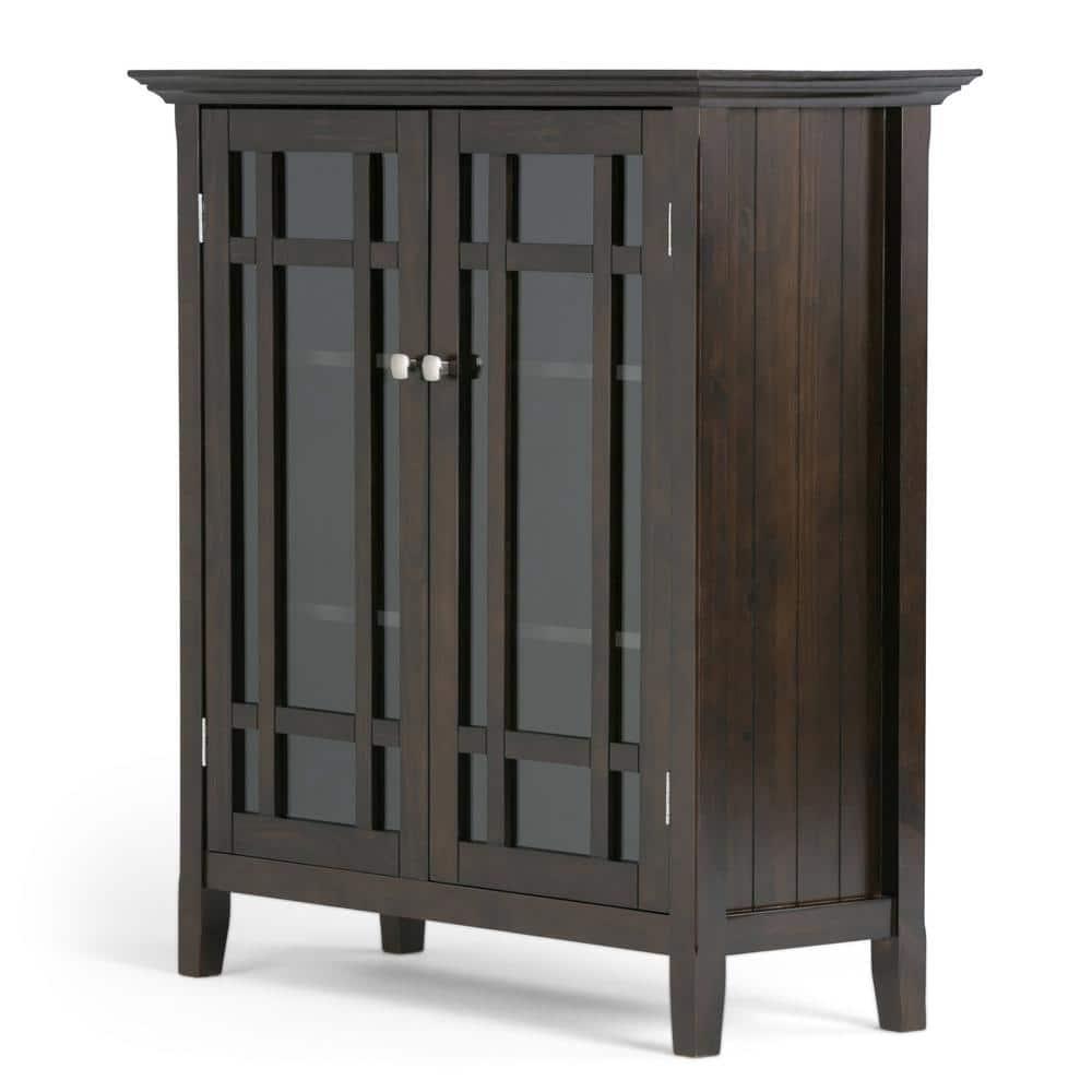 Simpli Home Bedford 39"W Solid Wood 4-Shelf Medium Storage Cabinet with Glass Doors and Adjustable Shelves