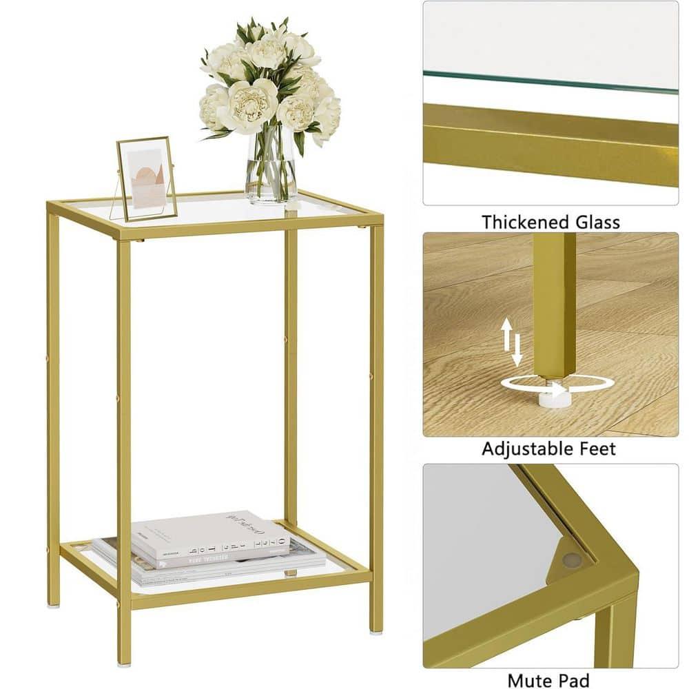 15 in. Gold Metal and Glass Rectangle End Table with 2-Tier Storage