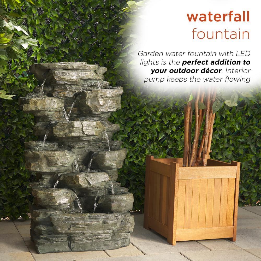 Gray Stone 39" Solar Powered Tiered Rock Fountain with LED Lights