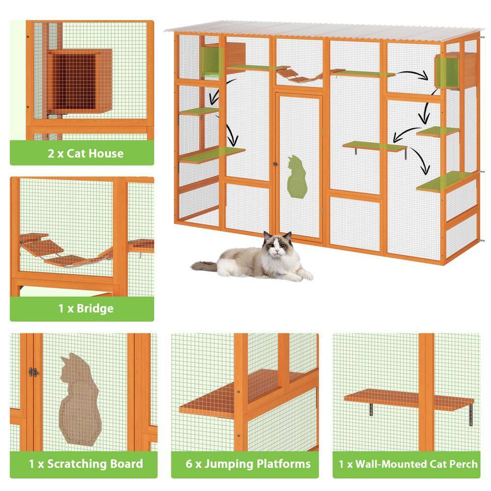 COZIWOW Outdoor Cat Enclosure, Catio Pet Safe House, 104" Extra Large Indoor Window Box with 7 Platforms, Resting Houses, and Walk-In Door, Orange