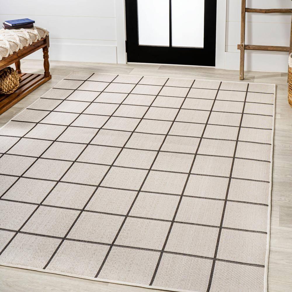 3' x 5' Grid Modern Squares Indoor/Outdoor Area Rug, Cream/Black - JONATHAN Y