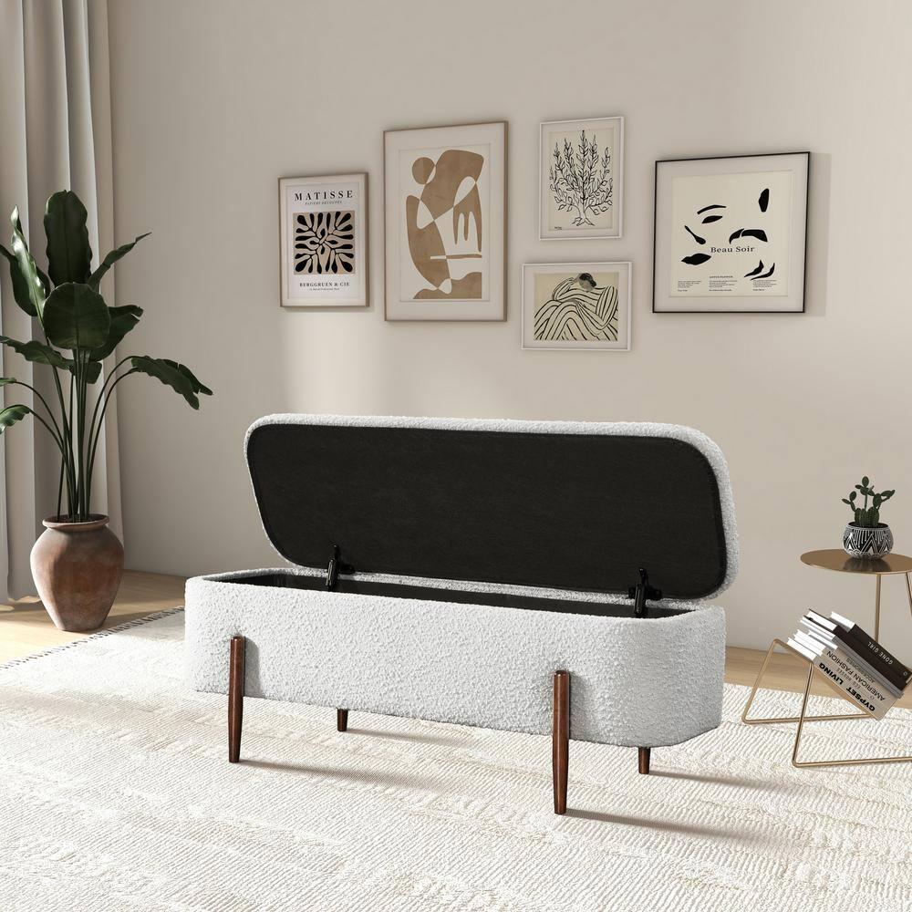 Alya Mid-Century Japandi Ivory Boucle Fabric Upholstered Storage Ottoman Bench