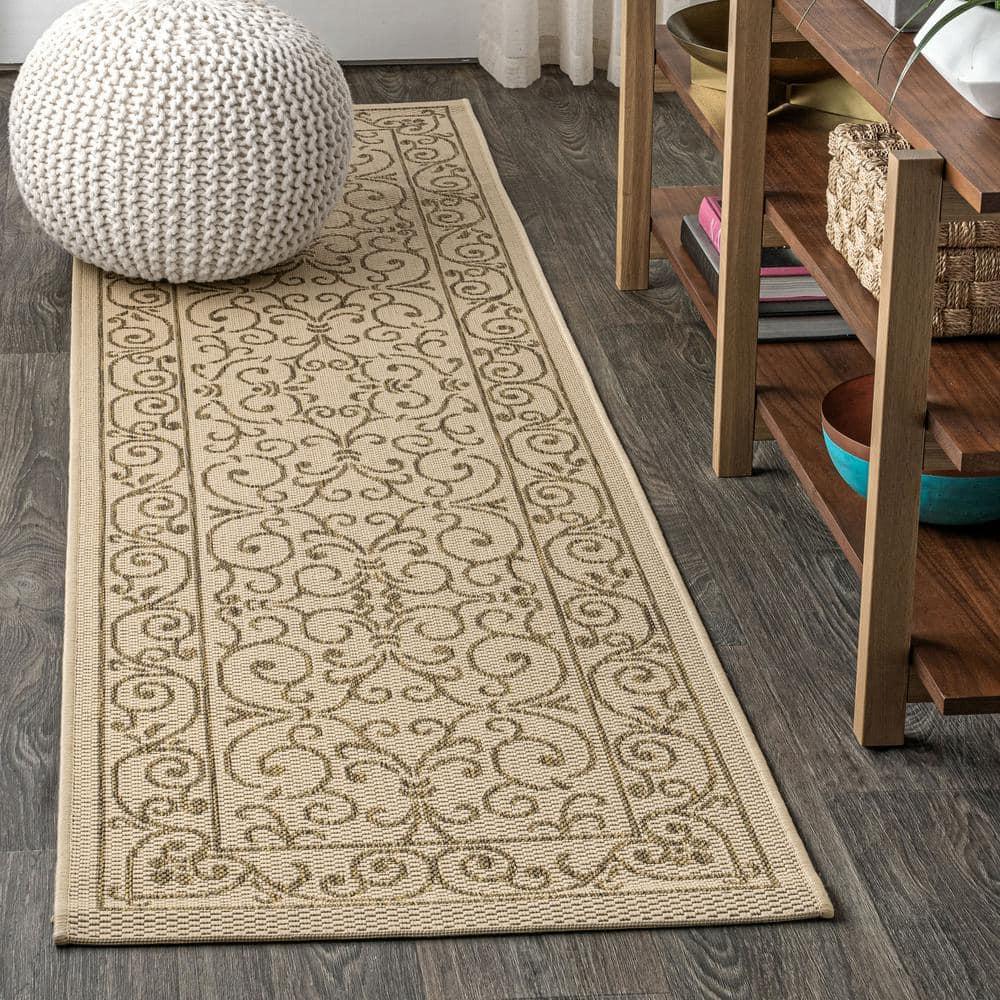 2' X 10' Charleston Vintage Filigree Textured Weave Indoor/Outdoor Runner Rug, Beige/Brown - JONATHAN Y