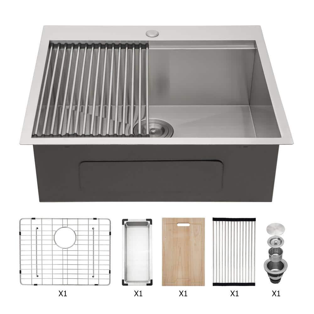 25"x22" Stainless Steel 18 Gauge Single Bowl Drop-In Workstation Kitchen Sink with All Accessories, 1-Pre-Drilled Faucet Hole