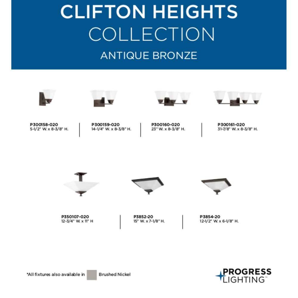 Progress Lighting Clifton Heights 2-Light Semi-Flush, Antique Bronze, Etched Square Glass Shade