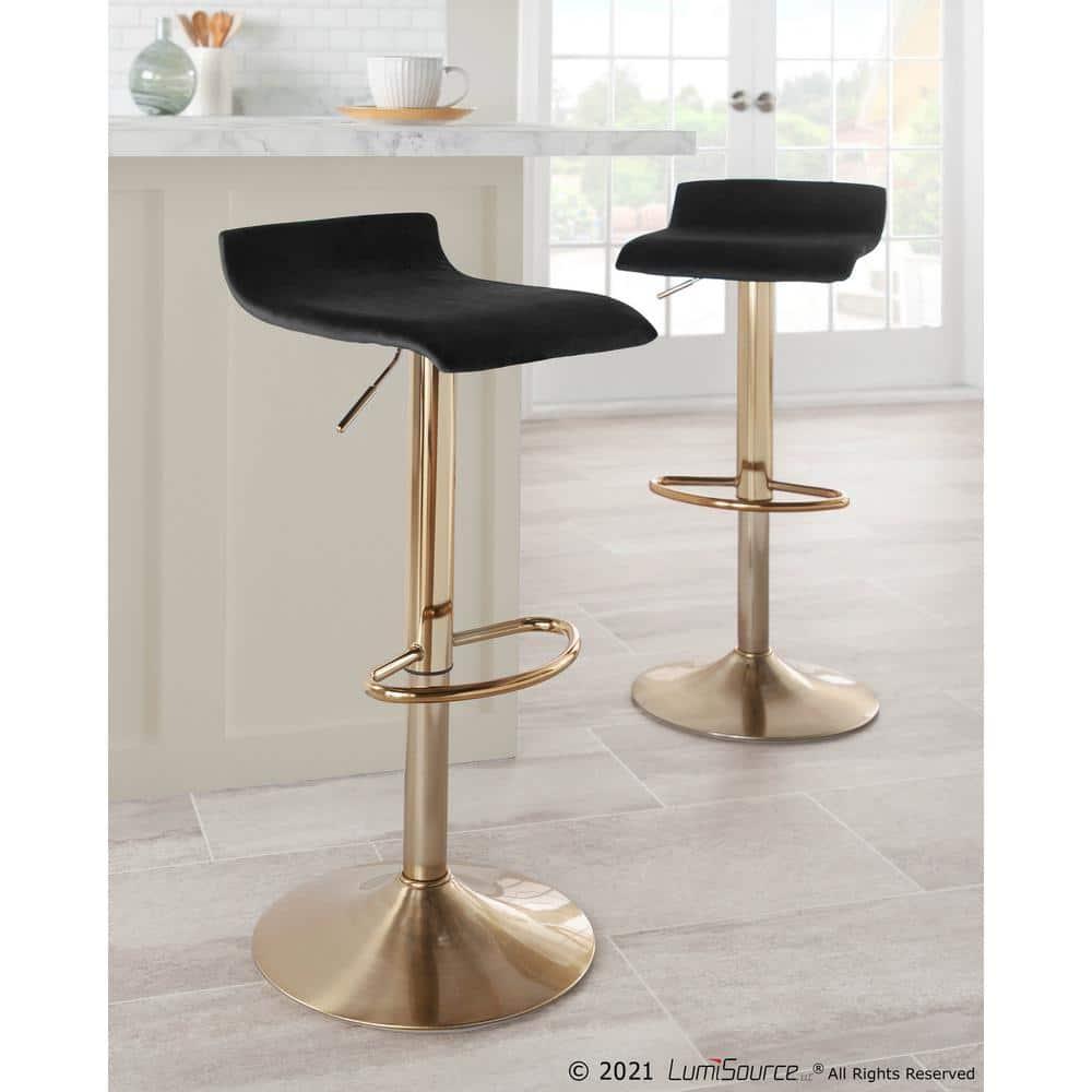 Ale Contemporary Adjustable Height Barstool With Swivel In Gold Brushed Metal And Black Velvet With Oval Footrest - Set